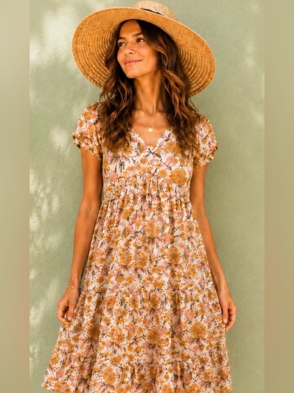 Mustard Floral Babydoll Dress • Small Mini